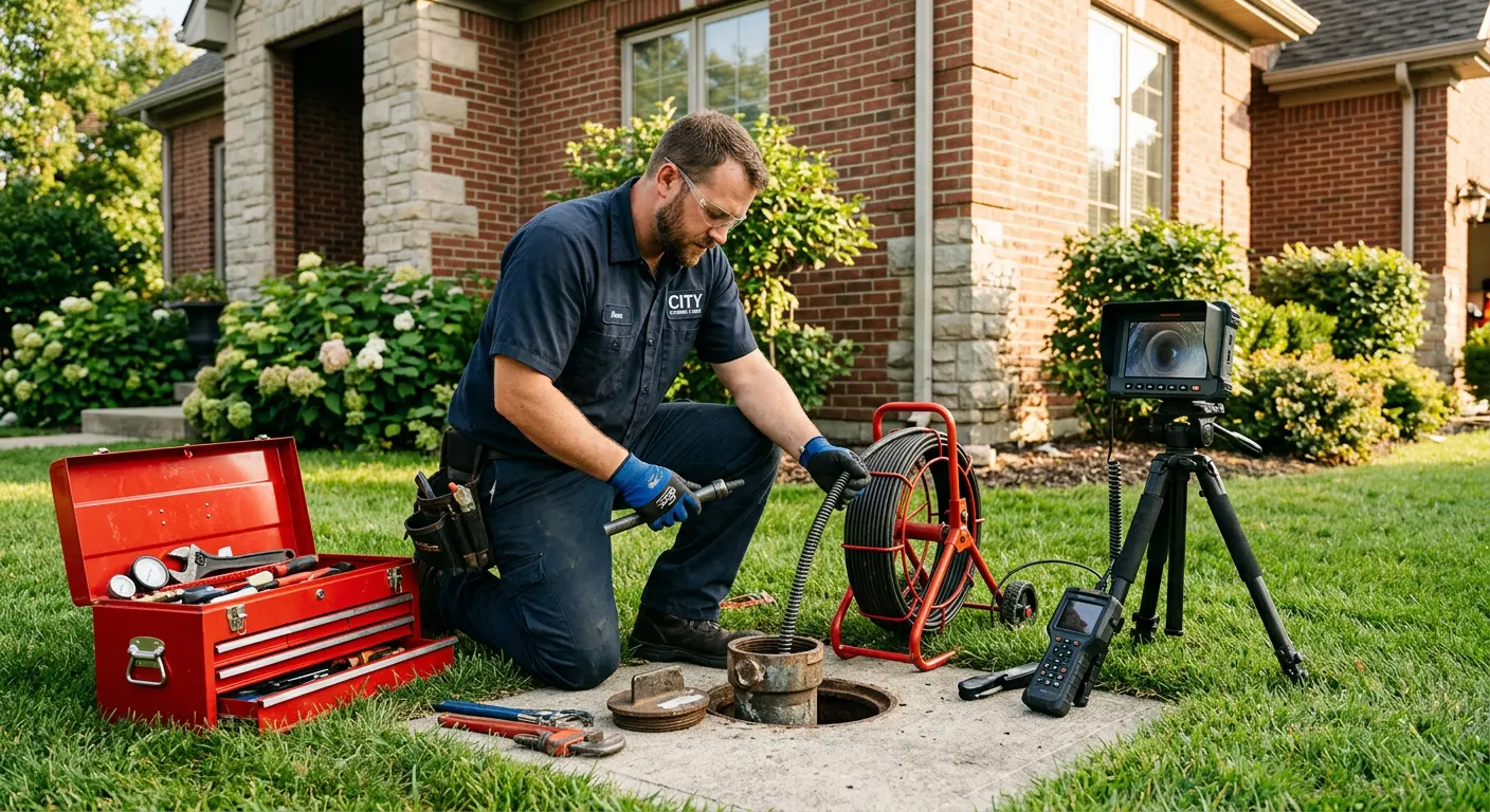 Sewer specialist with camera equipment servicing a cleanout in Glassmanor