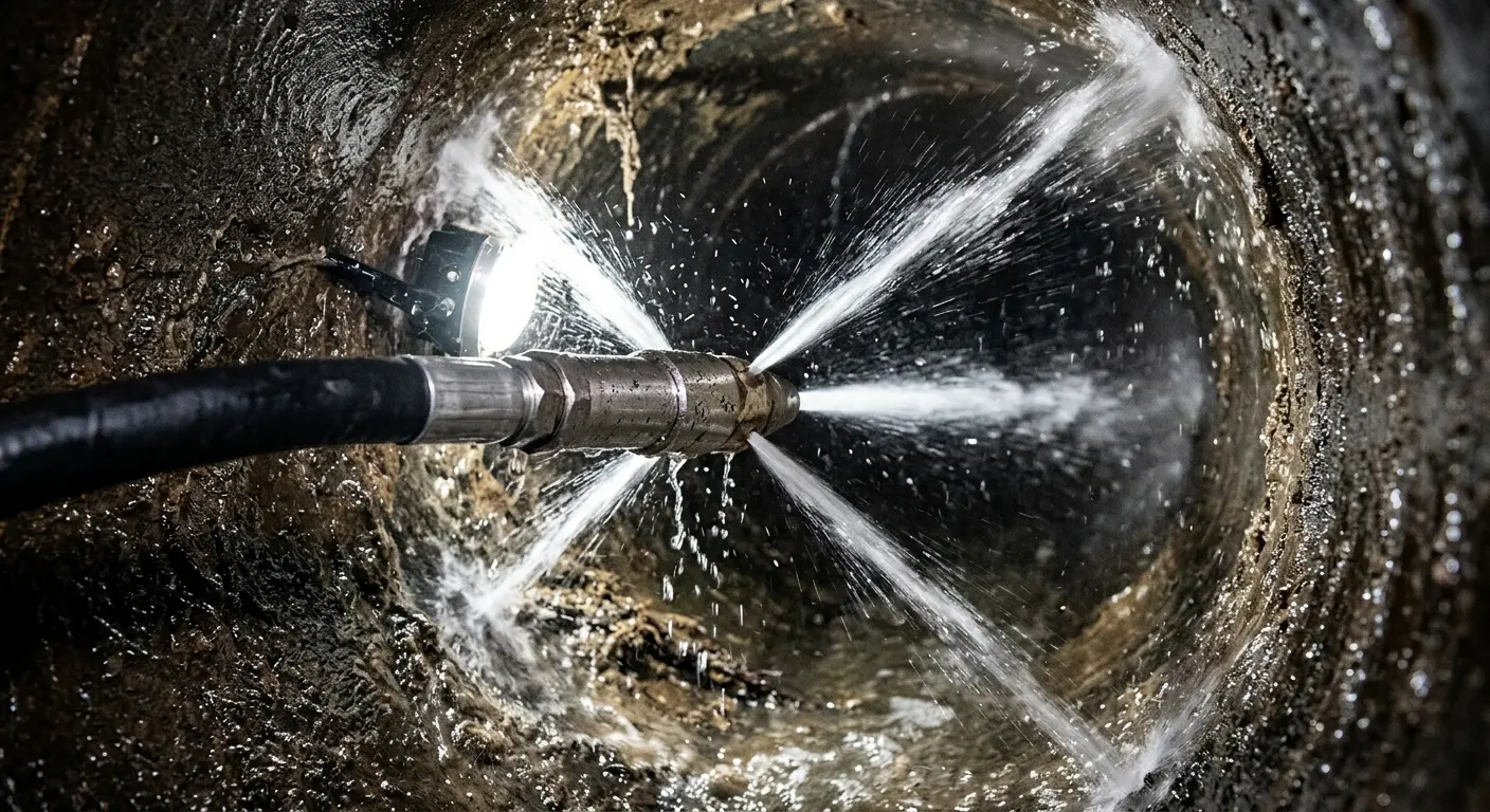 High-pressure hydro jetting nozzle cleaning sewer pipe for Trenchless Sewer Repair in Glassmanor