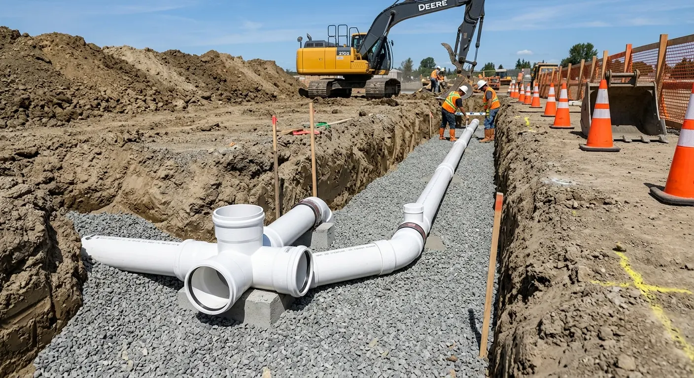 New PVC sewer pipe installation in open trench for Sewer Backup in Glassmanor