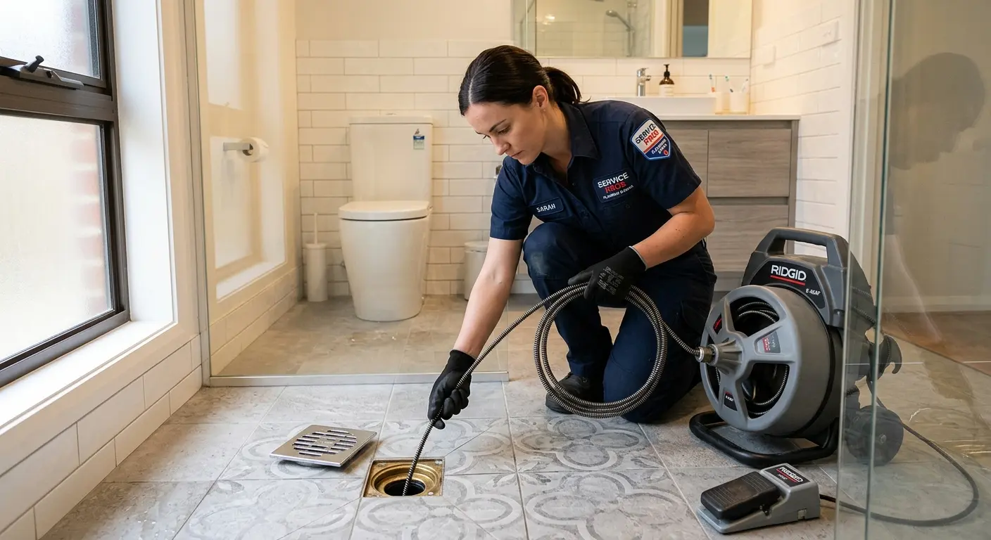 Technician clearing a bathroom floor drain for Sewer Line Installation in Glassmanor